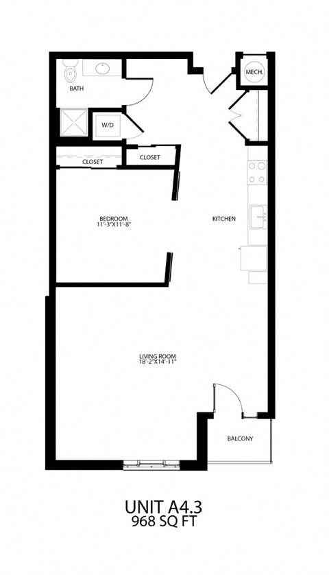 Floor plan for 1 bed, 1 bath, 968 sqft